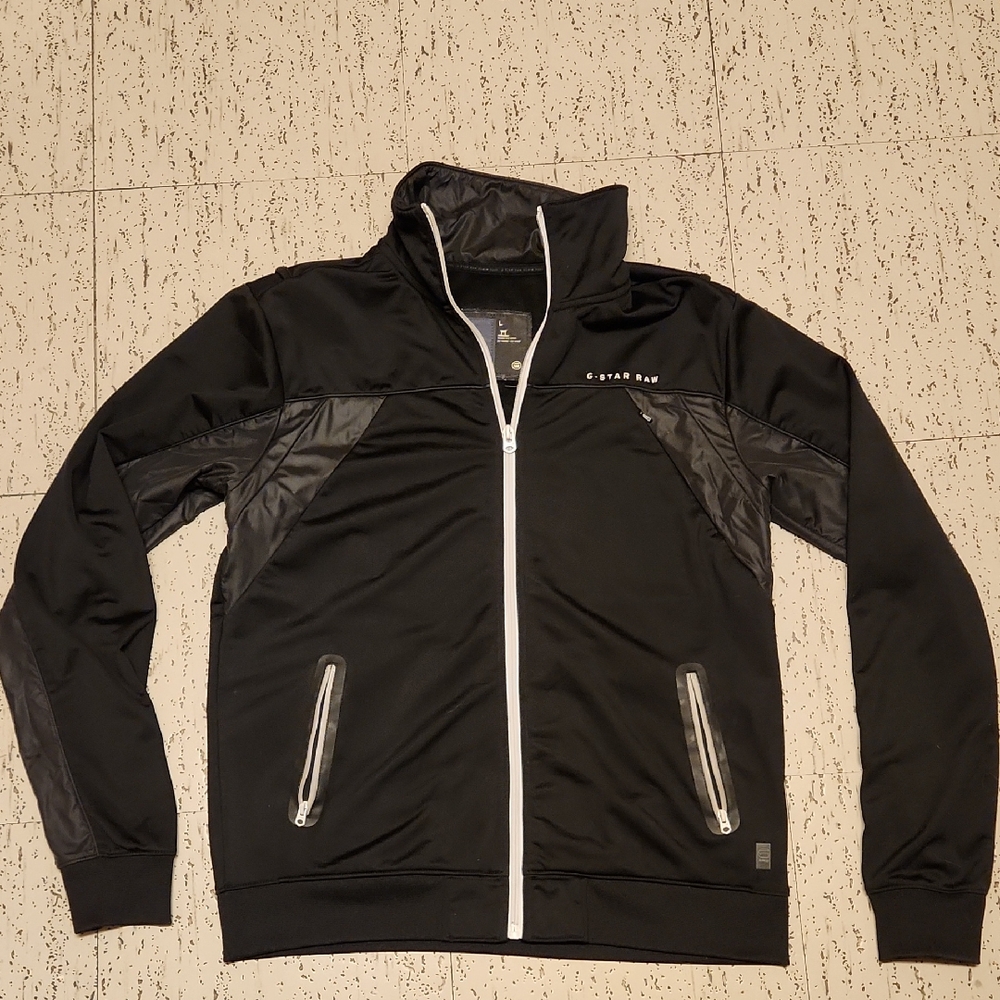 G-Star Raw Full Zip Black & White Lightweight Spellout Logo Collar Sweater